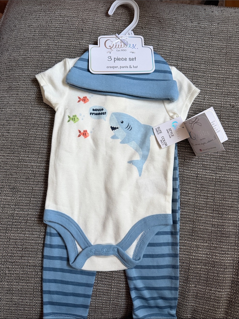 Quiltex Blue and Cream Shark 3-Piece Baby Matching Set